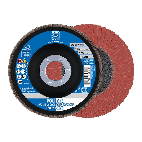 Pferd 4-1/2" x 7/8" A.H. POLIFAN Flap Disc - A-COOL SG INOX+ALU, Aluminum oxide, 80 Grit, Conical 62233 - main